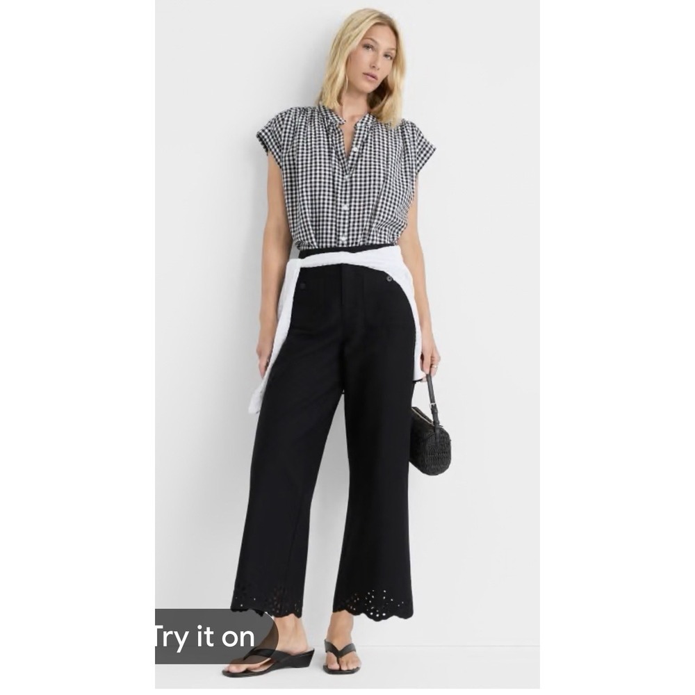 Loft Black Eyelet Cropped Straight Leg Pants Women's 14 Linen Preppy Casual